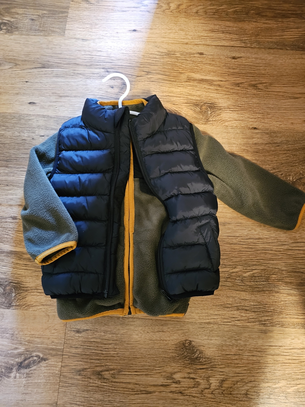 Kids Green Fleece Jacket with Black Puffer Vest and Yellow Trim